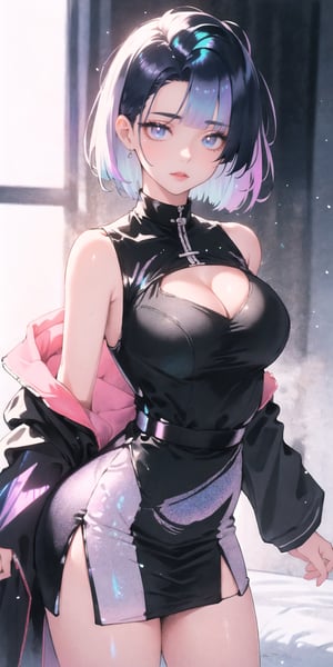 BEST QUALITY, HIGHRES, ABSURDRES, HIGH_RESOLUTION, MASTERPIECE, SUPER DETAIL, HYPER DETAIL, INTRICATE_DETAILS, LIGNE_CLAIRE, PERFECTEYES, DARK EYELASHES, EYELINER, SOFT GLOWING EYES,

mature_female, tight_clothes, pencil_dress, (slicked_back_hair:1.4), hime_cut, (iridescent_hair:1.4), standing, (iridescent_clothing:1.4), animeniji, leg_slit, sleeveless_dress, iridescent theme, solo, cleavage cutout 