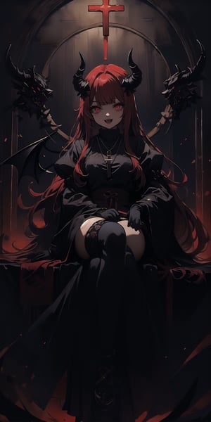 BEST QUALITY, HIGHRES, ABSURDRES, HIGH_RESOLUTION, MASTERPIECE, SUPER DETAIL, HYPER DETAIL, INTRICATE_DETAILS, PERFECTEYES, DARK EYELASHES, EYELINER, SOFT GLOWING EYES, 64K,

1girl, solo, long hair, looking at viewer, smile, open mouth, bangs, red eyes, thighhighs, gloves, long sleeves, jewelry, sitting, red hair, multicolored hair, horns, teeth, black gloves, puffy sleeves, black thighhighs, indoors, blunt bangs, necklace, glowing, fangs, demon girl, crossed legs, cross, demon horns, glowing eyes, nun, habit, cross necklace, stained glass, church, expressionless