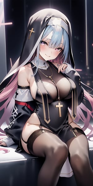 BEST QUALITY, HIGHRES, ABSURDRES, HIGH_RESOLUTION, MASTERPIECE, SUPER DETAIL, HYPER DETAIL, INTRICATE_DETAILS, PERFECTEYES, DARK EYELASHES, EYELINER, SOFT GLOWING EYES, 64K, SCORE_9,

1girl, nun, long_hair, black_hair, habit, breasts, high_heels, thighhighs, sitting, large_breasts, looking_at_viewer, bare_shoulders, black_footwear, pink_hair, smile, detached_sleeves, dress, solo, pink_eyes, black_legwear, cleavage, sleeves_past_wrists, blush, very_long_hair, piercing, long_sleeves, black_dress, closed_mouth, bangs, multicolored_hair, cross, jewelry, full_body, brown_legwear, shoes, garter_straps, purple_eyes, swimsuit, eyebrows_visible_through_hair, fishnets, blue_hair, hair_between_eyes, between_legs, grey_hair, red_eyes, hood, bikini, necklace, sleeves_past_fingers, sleeveless, sketch, pelvic_curtain, see-through, dark theme, backlighting, cinematic, volumetric light, TechStreetwear,