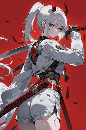 SCORE_9, SCORE_8_UP, SCORE_7_UP, SCORE_6_UP,

MASTERPIECE, BEST QUALITY, HIGH QUALITY, 
HIGHRES, ABSURDRES, PERFECT COMPOSITION,
INTRICATE DETAILS, ULTRA-DETAILED,
PERFECT FACE, PERFECT EYES,
NEWEST, 

red_background, rating:safe, sword, horns, weapon, 1girl, solo, sheath, ponytail, sheathed, red_eyes, katana, jewelry, earrings, white_hair, scabbard, holding_weapon, long_sleeves, simple_background, long_hair, looking_at_viewer, holding_sword, standing, white_coat, ear_piercing, looking_back, closed_mouth, holding, cowboy_shot, piercing, white_shorts, jacket, pale_skin, belt, devil_horns, sleeves_past_wrists, mechanical_hands, mechanical_body, cyborg,