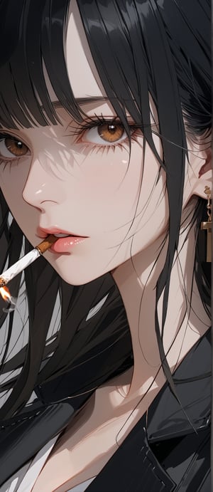 SCORE_9, SCORE_8_UP, SCORE_7_UP, SCORE_6_UP,

MASTERPIECE, BEST QUALITY, HIGH QUALITY, 
HIGHRES, ABSURDRES,
INTRICATE DETAILS, ULTRA-DETAILED,
NEWEST, AESTHETIC,

1girl, long_hair, earrings, black_hair, white_shirt, shirt, black_jacket, jewelry, cigarette, solo, jacket, smoking, mouth_hold, smoke, lips, belt, grey_background, jacket_on_shoulders, upper_body, collarbone, looking_at_viewer, pants, one_eye_closed, standing, parted_lips, brown_eyes, open_clothes, black_coat, bangs, black_eyes, breasts, cleavage, from_below,