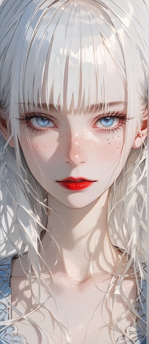 SCORE_9, SCORE_8_UP, SCORE_7_UP, SCORE_6_UP,

MASTERPIECE, BEST QUALITY, HIGH QUALITY, 
HIGHRES, ABSURDRES,
INTRICATE DETAILS, ULTRA-DETAILED,
NEWEST, AESTHETIC,

1girl, lips, solo, face, white_hair, nose, closed_mouth, (close-up:1.4), portrait, long_hair, freckles, eyelashes, bangs, makeup, simple_background, looking_at_viewer, red_lips, lipstick, hair_between_eyes, pale_skin, blue_eyes, white_skin,