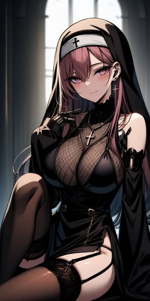 BEST QUALITY, HIGHRES, ABSURDRES, HIGH_RESOLUTION, MASTERPIECE, SUPER DETAIL, HYPER DETAIL, INTRICATE_DETAILS, PERFECTEYES, DARK EYELASHES, EYELINER, SOFT GLOWING EYES, 64K, SCORE_9,

1girl, nun, long_hair, black_hair, habit, breasts, high_heels, thighhighs, sitting, large_breasts, looking_at_viewer, bare_shoulders, black_footwear, pink_hair, smile, detached_sleeves, dress, solo, pink_eyes, black_legwear, cleavage, sleeves_past_wrists, blush, very_long_hair, piercing, long_sleeves, black_dress, closed_mouth, bangs, multicolored_hair, cross, jewelry, full_body, brown_legwear, shoes, garter_straps, purple_eyes, swimsuit, eyebrows_visible_through_hair, fishnets, blue_hair, hair_between_eyes, between_legs, grey_hair, red_eyes, hood, bikini, necklace, sleeves_past_fingers, sleeveless, sketch, pelvic_curtain, see-through, dark theme, backlighting, cinematic, volumetric light,marumoru_style, cyborg,