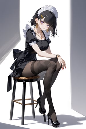 SCORE_9, SCORE_8_UP, SCORE_7_UP, SCORE_6_UP,

MASTERPIECE, BEST QUALITY, HIGH QUALITY, 
HIGHRES, ABSURDRES, PERFECT COMPOSITION,
INTRICATE DETAILS, ULTRA-DETAILED,
PERFECT FACE, PERFECT EYES,
NEWEST, AESTHETIC,

pantyhose, high_heels, 1girl, dress, sitting, looking_at_viewer, black_dress, solo, black_footwear, smile, breasts, short_sleeves, blush, black_legwear, striped, short_dress, eyebrows_visible_through_hair, white_background, thighband_pantyhose, shoes, chair, simple_background, closed_mouth, medium_breasts, stool, alternate_costume, necklace, shoe_dangle, thighs, hand_on_own_knee, side_slit, from_side, large_breasts, watch, leaning_forward, legs, earrings, knee_up, long_legs, black_shirt, head_tilt, platform_footwear, blunt_bangs, sharp teeth, hairclip, argyle pantyhose, red nails, black footwear, maid headdress, bags under eyes,