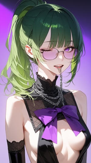 SCORE_9, SCORE_8_UP, SCORE_7_UP, SCORE_6_UP, 
MASTERPIECE, BEST QUALITY, HIGH QUALITY, 
HIGHRES, ABSURDRES,
INTRICATE DETAILS, ULTRA-DETAILED,
AESTHETIC,

An animated image of a woman with green hair tied up in a ponytail. She is wearing a pair of black rimmed glasses with purple tinted lenses. Her mouth is open, revealing her teeth. Her hair is a vibrant shade of green. Her eyes are closed, and her lips are slightly parted. Her ponytail is tied in a bow at the top of her head. She has a silver chain dangling from her mouth. The background is a bright pink, and there are white letters in the upper left corner of the image.