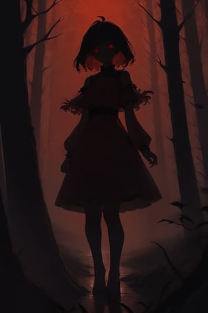 SCORE_9, SCORE_8_UP, SCORE_7_UP, SCORE_6_UP,

BEST QUALITY, HIGHRES, ABSURDRES,
MASTERPIECE, VERY AESTHETIC, 
INTRICATE DETAILS, PERFECTEYES,

(red theme:1.2), horror theme, forest background,
1girl, (silhouette:1.4), backlighting, glowing eyes, mini_dress,
facing_viewer, full_body, shadows, 