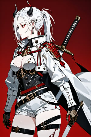 SCORE_9, SCORE_8_UP, SCORE_7_UP, SCORE_6_UP,

MASTERPIECE, BEST QUALITY, HIGH QUALITY, 
HIGHRES, ABSURDRES, PERFECT COMPOSITION,
INTRICATE DETAILS, ULTRA-DETAILED,
PERFECT FACE, PERFECT EYES,
NEWEST, 

full_body, red_background, sword, horns, weapon, 1girl, solo, sheath, ponytail, sheathed, red_eyes, katana, jewelry, earrings, white_hair, scabbard, holding_weapon, long_sleeves, simple_background, long_hair, holding_sword, standing, white_coat, ear_piercing, side_view, closed_mouth, holding, cowboy_shot, piercing, white_shorts, crop_jacket, pale_skin, belt, devil_horns, sleeves_past_wrists, mechanical_hand, large_boobs, armor, futuristic_armor, breast_plate, breast_armor