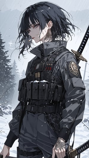 SCORE_9, SCORE_8_UP, SCORE_7_UP, SCORE_6_UP, 
MASTERPIECE, BEST QUALITY, HIGH QUALITY, 
HIGHRES, ABSURDRES,
INTRICATE DETAILS, ULTRA-DETAILED,
AESTHETIC,

weapon, 1girl, sword, earrings, black_hair, jewelry, solo, katana, sheath, looking_at_viewer, snow, sheathed, mouth_hold, outdoors, snowing, cigarette, grey_eyes, black_eyes, rain, long_hair, piercing, lips, bangs, weapon_on_back, upper_body, smoking, watermark, eyelashes, sword_behind_back, badge, short_hair, tattoo, tactical_gear, military, camouflage, close-up,