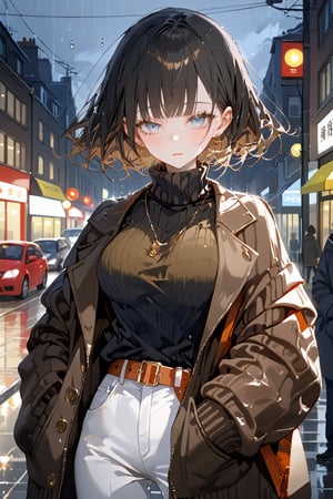 SCORE_9, SCORE_8_UP, SCORE_7_UP, SCORE_6_UP,

MASTERPIECE, BEST QUALITY, HIGH QUALITY, 
HIGHRES, ABSURDRES, PERFECT COMPOSITION,
INTRICATE DETAILS, ULTRA-DETAILED,
PERFECT FACE, PERFECT EYES,
NEWEST, AESTHETIC,

1girl, breasts, black_hair, blurry_background, sweater, rain, short_hair, solo, blurry, large_breasts, blush, outdoors, turtleneck, bangs, pants, blue_eyes, closed_mouth, coat, looking_away, jewelry, handbag, standing, turtleneck_sweater, bag, ribbed_sweater, long_sleeves, eyebrows_visible_through_hair, belt, jacket, huge_breasts, depth_of_field, black_sweater, half-closed_eyes, holding, cowboy_shot, watch, looking_at_viewer, wristwatch, white_pants, earrings, necklace, looking_to_the_side, book, brown_jacket, pout, grey_pants, holding_phone, phone, jacket_on_shoulders, brown_coat, sweat, holding_bag, denim, soaked, wet_clothing, raining, wet,