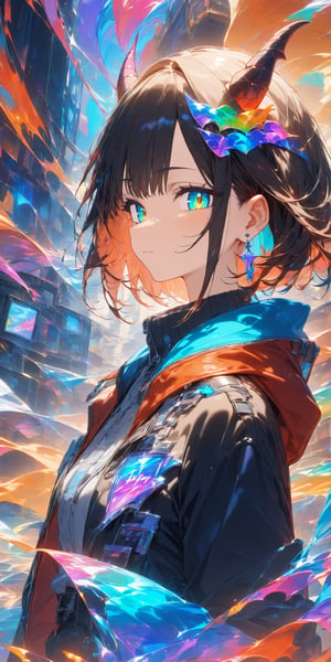 SCORE_9, SCORE_8_UP, SCORE_7_UP, SCORE_6_UP,

MASTERPIECE, BEST QUALITY, HIGH QUALITY, 
HIGHRES, ABSURDRES, PERFECT COMPOSITION,
INTRICATE DETAILS, ULTRA-DETAILED,
PERFECT FACE, PERFECT EYES,
NEWEST, 

rating:safe, 1girl, solo, horns, short_hair, jacket, blue_eyes, black_jacket, bangs, closed_mouth, looking_at_viewer, black_hair, chromatic_aberration, upper_body, expressionless, shirt, jewelry, from_side, earrings, looking_to_the_side, eyebrows_visible_through_hair, ear_piercing, demon_horns, colorful, glitch effect,