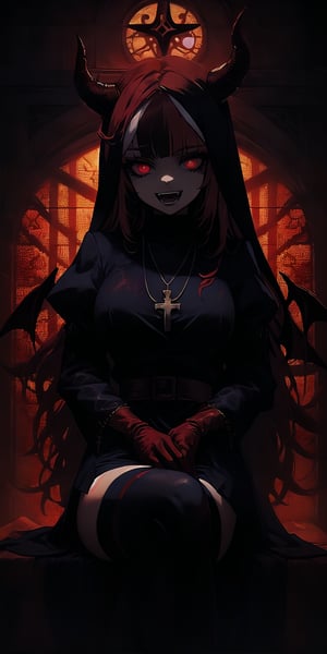 BEST QUALITY, HIGHRES, ABSURDRES, HIGH_RESOLUTION, MASTERPIECE, SUPER DETAIL, HYPER DETAIL, INTRICATE_DETAILS, PERFECTEYES, DARK EYELASHES, EYELINER, SOFT GLOWING EYES, 64K,

1girl, solo, long hair, looking at viewer, smile, open mouth, bangs, red eyes, thighhighs, gloves, long sleeves, jewelry, sitting, red hair, multicolored hair, horns, teeth, black gloves, puffy sleeves, black thighhighs, indoors, blunt bangs, necklace, glowing, fangs, demon girl, crossed legs, cross, demon horns, glowing eyes, nun, habit, cross necklace, stained glass, church, emotionless,portrait