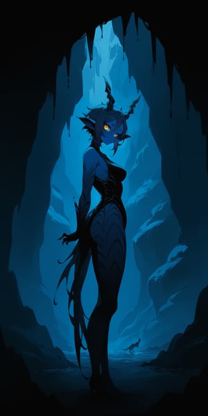 BEST QUALITY, HIGHRES, ABSURDRES, 
MASTERPIECE, SUPER DETAIL, INTRICATE_DETAILS, 
PERFECTEYES, AESTHETIC, 
SCORE_9, SCORE_8_UP, SCORE_7_UP, SCORE_6_UP,

standing in a glacial cave, niji style, monster girl, glacial monster girl, blue skin, yellow eyes, side view, skin tight, looking_at_viewer