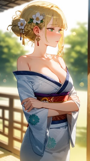 SCORE_9, SCORE_8_UP, SCORE_7_UP, SCORE_6_UP,

MASTERPIECE, BEST QUALITY, HIGH QUALITY, 
HIGHRES, ABSURDRES, PERFECT COMPOSITION,
INTRICATE DETAILS, ULTRA-DETAILED,
PERFECT FACE, PERFECT EYES,
NEWEST, 

1girl, kimono, breasts, solo, japanese_clothes, hair_ornament, blurry_background, bare_shoulders, blurry, bangs, jewelry, hair_bun, cleavage, blue_eyes, blush, outdoors, crossed_arms, floral_print, eyebrows_visible_through_hair, off_shoulder, flower, blonde_hair, earrings, parted_lips, blunt_bangs, indoors, half-closed_eyes, hair_flower, large_breasts, obi, profile, collarbone, short_hair, sidelocks, depth_of_field, medium_breasts, closed_mouth, braid, standing, hair_up, white_kimono, wide_sleeves, green_eyes, from_side, backlighting, sash, looking_away, alternate_costume, silver_hair