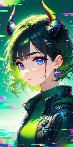 SCORE_9, SCORE_8_UP, SCORE_7_UP, SCORE_6_UP,

MASTERPIECE, BEST QUALITY, HIGH QUALITY, 
HIGHRES, ABSURDRES, PERFECT COMPOSITION,
INTRICATE DETAILS, ULTRA-DETAILED,
PERFECT FACE, PERFECT EYES,
NEWEST, 

rating:safe, 1girl, solo, horns, short_hair, jacket, blue_eyes, black_jacket, bangs, closed_mouth, looking_at_viewer, black_hair, chromatic_aberration, upper_body, tilted, expressionless, shirt, jewelry, from_side, earrings, looking_to_the_side, eyebrows_visible_through_hair, ear_piercing, demon_horns, colorful, glitch effect, dark, ral-glydch, (green theme:1.2)