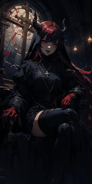 BEST QUALITY, HIGHRES, ABSURDRES, HIGH_RESOLUTION, MASTERPIECE, SUPER DETAIL, HYPER DETAIL, INTRICATE_DETAILS, PERFECTEYES, DARK EYELASHES, EYELINER, SOFT GLOWING EYES, 64K,

1girl, solo, long hair, looking at viewer, smile, open mouth, bangs, red eyes, thighhighs, gloves, long sleeves, jewelry, sitting, red hair, multicolored hair, horns, teeth, black gloves, puffy sleeves, black thighhighs, indoors, blunt bangs, necklace, glowing, fangs, demon girl, crossed legs, cross, demon horns, glowing eyes, nun, habit, cross necklace, stained glass, church, emotionless,portrait