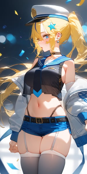 SCORE_9, SCORE_8_UP, SCORE_7_UP, SCORE_6_UP,

MASTERPIECE, BEST QUALITY, HIGH QUALITY, 
HIGHRES, ABSURDRES, PERFECT COMPOSITION,
INTRICATE DETAILS, ULTRA-DETAILED,
PERFECT FACE, PERFECT EYES,
NEWEST, 

1girl, shorts, crop_top, midriff, long_hair, blue_eyes, thighhighs, solo, navel, shirt, breasts, sleeveless, jacket, short_shorts, bare_shoulders, crop_top_overhang, sleeveless_shirt, garter_straps, cowboy_shot, stomach, white_legwear, blue_neckwear, blonde_hair, thighs, suspenders, earrings, blue_shorts, off_shoulder, white_shirt, sailor_collar, open_jacket, wings, highleg, profile, standing, necktie, long_sleeves, skindentation, looking_away, sidelocks, choker, parted_lips, clothes_writing, open_clothes, medium_breasts, jewelry, ponytail, open_mouth, looking_at_viewer, multicolored_hair, ear_piercing, hair_between_eyes, bandaid, panties, bangs, very_long_hair, hair_ornament, see-through, large_breasts, white_jacket, star_(symbol), piercing, ribbon, hat, black_shirt, belt, underwear, black_neckwear, confetti, :o, grey_legwear, micro_shorts, armpits, blush, floating_hair, streaked_hair, twintails, highleg_panties, detached_sleeves, blue_hair