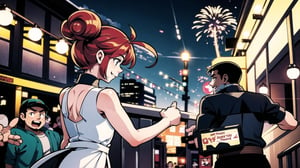 A party in the city, happy people, fire works, manga, streetlight, night time,