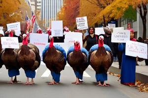 Turkeys on strike, protest, cityscape