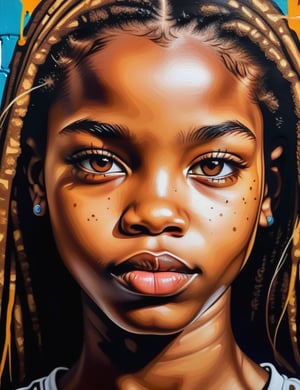  A graffiti art style on canvas of a beautiful 14-year-old Nigerian girl with caramel skin tone and long, straight hair, close-up of her face, front view. (((intricate details))), (((best quality))), (((extreme detail quality))), (((complex composition))), in the style of Banksy, Jean-Michel Basquiat, Shepard Fairey.

