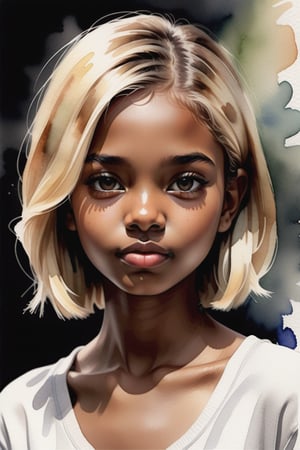 Create a watercolor artwork depicting a beautiful 15-year-old Mexican girl with dark skin and short, straight blonde hair. The focus should be a close-up of her face from a frontal view. Use the softness and transparency of watercolor to capture the delicacy of her features, contrasting the depth of her dark skin with the brightness of her blonde hair. The piece should convey a sense of lightness and freshness, with gentle brushstrokes that highlight her natural beauty and the harmony between her skin tone and hair color.