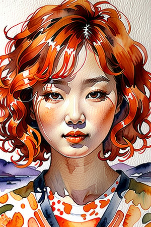  Create a watercolor artwork with soft gouache, depicting a beautiful 25-year-old Korean woman with fair skin and short, tightly curled orange hair. The focus should be a close-up of her face from a frontal view. Use the lightness and fluidity of watercolor to create a soft base, while gouache adds touches of texture and depth to her features. Her curly orange hair should stand out vibrantly against her fair skin, bringing balance and harmony to the composition.