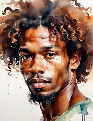  Watercolor style, a Jamaican man around 35 years old with caramel skin tone and loose curly hair, close-up of face, front view, serious expression. [Joseph Zbukvic, Agnes-Cecile, Yuko Nagayama]