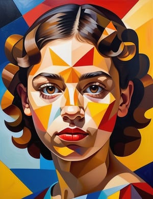 A close-up portrait of a beautiful 14-year-old Mexican girl with fair skin and short, curly hair, serious expression, front view, in polygonal painting style, using sharp geometric shapes and a vibrant palette of bold colors like deep reds, bright yellows, and vivid blues. Artists: Pablo Picasso, Viktor Vasarely, Jean Metzinger.