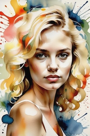 Create a watercolor artwork with color splashes, depicting a beautiful 25-year-old Argentine woman with fair skin and short, tightly curled blonde hair. The focus should be a close-up of her face from a frontal view. Use the fluidity and spontaneity of watercolor to capture the lightness of her features, with vibrant splashes highlighting the texture of her blonde curls and the brightness of her skin. The piece should convey a sense of energy and freshness, with soft brushstrokes and splashes of color creating a dynamic and expressive effect.






