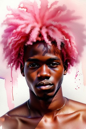 Create a watercolor artwork depicting a 20-year-old Nigerian man with dark skin and pink afro hair. The focus should be a close-up of his face from a frontal view. Use the fluidity and transparency of watercolor to capture the softness of his skin and the texture of his afro hair. The vibrant pink color of the hair should contrast harmoniously with the depth of his dark skin, creating a composition that expresses both delicacy and strength. The light brushstrokes should convey a sense of movement and freshness.













