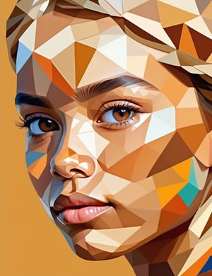 A polygonal art style of a beautiful 13-year-old Mexican girl with caramel skin tone and short, straight blonde hair, close-up of her face, front view. (((intricate details))), (((best quality))), (((extreme detail quality))), (((complex composition))), in the style of Charis Tsevis, Jen Stark, Liam Brazier.