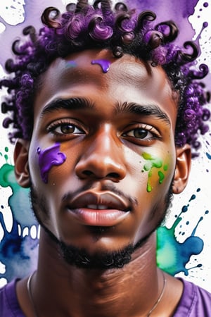 Create a watercolor artwork with color splashes, depicting a 23-year-old Jamaican man with dark skin and short, curly purple hair. The focus should be a close-up of his face from a frontal view. Use the softness of watercolor to create a fluid and harmonious background, while vibrant color splashes add energy to the composition. His curly purple hair should stand out against his dark skin, creating a striking and modern contrast that brings vitality and strength to the piece.