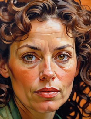 A close-up portrait of a beautiful 45-year-old American woman with caramel skin and loose, curly hair, serious expression, front view, in gouache style, using warm earth tones like deep browns, soft oranges, and subtle greens with a textured, matte finish. Artists: Mary Cassatt, John Singer Sargent, Egon Schiele.