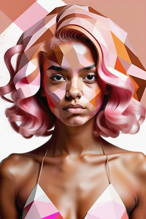 Create a polygonal-style artwork with color splashes, depicting a beautiful 24-year-old Spanish teenager with caramel skin and tightly curled light pink hair. The focus should be a close-up of her face from a frontal view. Use polygonal geometric shapes to sculpt her features with precision, while vibrant color splashes add dynamism and energy to the composition. Her tightly curled light pink hair should contrast strikingly with her caramel skin tone, creating a piece that blends modernity and expressiveness.