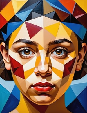 A close-up portrait of a beautiful 14-year-old Mexican girl with fair skin and short, curly hair, serious expression, front view, in polygonal painting style, using sharp geometric shapes and a vibrant palette of bold colors like deep reds, bright yellows, and vivid blues. Artists: Pablo Picasso, Viktor Vasarely, Jean Metzinger.