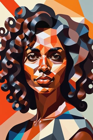 Create a polygonal and gouache-style artwork depicting a beautiful 45-year-old Paraguayan woman with dark skin and loose, curly hair. The focus should be a close-up of her face from a frontal view. Use polygonal geometric shapes to sculpt her features, creating a bold and modern angular structure, while gouache brings depth and softness to the textures of her skin and curly hair. The composition should balance the precision of the polygonal style with the vibrant richness of gouache colors, highlighting the strength and elegance of her expression.














