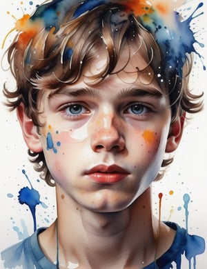 A splash watercolor art style of a 15-year-old Russian boy with fair skin and short, wavy hair, close-up of his face, front view. (((intricate details))), (((best quality))), (((extreme detail quality))), (((complex composition))), in the style of Marion Bolognesi, Agnes Cecile, Elena Romanova.