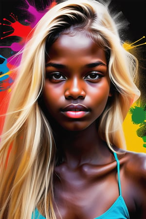 Create a color splash-style artwork depicting a beautiful 15-year-old Honduran girl with dark skin, full lips, and long, straight blonde hair. The focus should be a close-up of her face from a frontal view. Use vibrant bursts of color to capture the liveliness of her features, with dynamic splashes highlighting the contrast between the smoothness of her dark skin and the brightness of her long blonde hair. The piece should convey a sense of energy and expressiveness, with bold brushstrokes that emphasize her natural beauty and the visual impact of the composition.