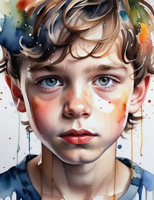 A splash watercolor art style of a 15-year-old Russian boy with fair skin and short, wavy hair, close-up of his face, front view. (((intricate details))), (((best quality))), (((extreme detail quality))), (((complex composition))), in the style of Marion Bolognesi, Agnes Cecile, Elena Romanova.