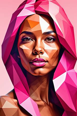 Create a polygonal-style artwork depicting a beautiful 34-year-old Colombian woman with caramel skin and long, straight pink hair. The focus should be a close-up of her face from a frontal view. Use geometric shapes and sharp angles to precisely capture her features, emphasizing the contrast between the softness of her caramel skin and the vibrant pink of her hair. The piece should convey a sense of modernity and elegance, with polygonal facets that create a visually intriguing and harmonious composition, accentuating her unique beauty.