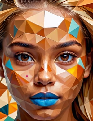 A polygonal art style of a beautiful 13-year-old Mexican girl with caramel skin tone and short, straight blonde hair, close-up of her face, front view. (((intricate details))), (((best quality))), (((extreme detail quality))), (((complex composition))), in the style of Charis Tsevis, Jen Stark, Liam Brazier.