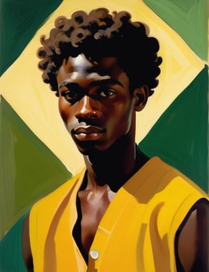 A close-up portrait of a 24-year-old Nigerian man with dark skin and short, curly hair, serious expression, front view, in gouache style, using a rich palette of deep browns, warm yellows, and subtle greens with smooth, matte textures. Artists: Mary Blair, John Singer Sargent, Henri Matisse.