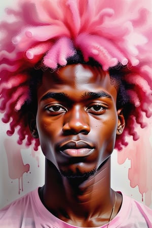 Create a watercolor artwork depicting a 20-year-old Nigerian man with dark skin and pink afro hair. The focus should be a close-up of his face from a frontal view. Use the fluidity and transparency of watercolor to capture the softness of his skin and the texture of his afro hair. The vibrant pink color of the hair should contrast harmoniously with the depth of his dark skin, creating a composition that expresses both delicacy and strength. The light brushstrokes should convey a sense of movement and freshness.













