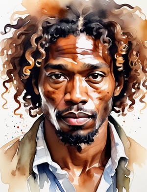  Watercolor style, a Jamaican man around 35 years old with caramel skin tone and loose curly hair, close-up of face, front view, serious expression. [Joseph Zbukvic, Agnes-Cecile, Yuko Nagayama]