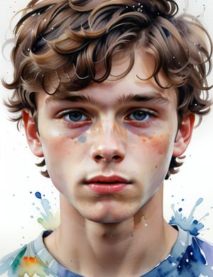 A splash watercolor art style of a 15-year-old Russian boy with fair skin and short, wavy hair, close-up of his face, front view. (((intricate details))), (((best quality))), (((extreme detail quality))), (((complex composition))), in the style of Marion Bolognesi, Agnes Cecile, Elena Romanova.