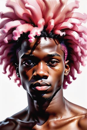 Create a watercolor artwork depicting a 20-year-old Nigerian man with dark skin and pink afro hair. The focus should be a close-up of his face from a frontal view. Use the fluidity and transparency of watercolor to capture the softness of his skin and the texture of his afro hair. The vibrant pink color of the hair should contrast harmoniously with the depth of his dark skin, creating a composition that expresses both delicacy and strength. The light brushstrokes should convey a sense of movement and freshness.













