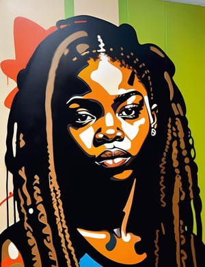  A graffiti art style on canvas of a beautiful 14-year-old Nigerian girl with caramel skin tone and long, straight hair, close-up of her face, front view. (((intricate details))), (((best quality))), (((extreme detail quality))), (((complex composition))), in the style of Banksy, Jean-Michel Basquiat, Shepard Fairey.

