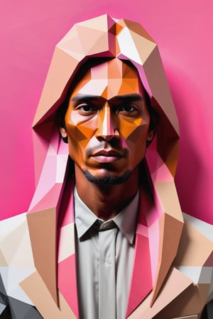 Create a polygonal-style artwork, depicting a 30-year-old Bolivian man with caramel skin and long, straight pink hair. The focus should be a close-up of his face from a frontal view. Use polygonal geometric shapes to sculpt his features with precision and modernity. His long pink hair should stand out against his caramel skin tone, creating a bold and expressive composition, where angular shapes bring a contemporary and stylized feel.