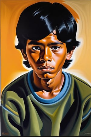  Create a gouache artwork on canvas depicting a 15-year-old Bolivian boy with caramel skin and tightly curled black hair. The focus should be a close-up of his face from a frontal view. Use the depth and vividness of gouache colors to capture the texture of his hair and the smoothness of his caramel skin, highlighting the nuances and contrasts of light and shadow. The piece should convey a sense of youth and inner strength, with precise brushstrokes that emphasize the expression of his face and the intensity of his features.





