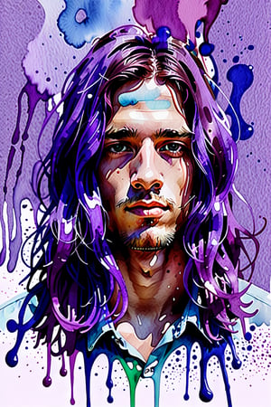 Create a watercolor and gouache artwork with color splashes, depicting a 23-year-old Portuguese man with fair skin and long, straight purple hair. The focus should be a close-up of his face from a frontal view. Use the lightness and fluidity of watercolor to craft a soft background, paired with the intensity and vibrancy of gouache to highlight his facial features and purple hair. Add dynamic splashes of color to infuse energy into the composition, creating a vibrant contrast that emphasizes the uniqueness of the portrait.






