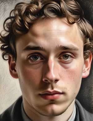 A close-up portrait of a 25-year-old Dutch man with short, curly hair, serious expression, front view, in charcoal drawing style, using a grayscale palette with deep blacks, soft grays, and bright whites, with rich, textured shading and fine details. Artists: Edgar Degas, Käthe Kollwitz, Georges Seurat.